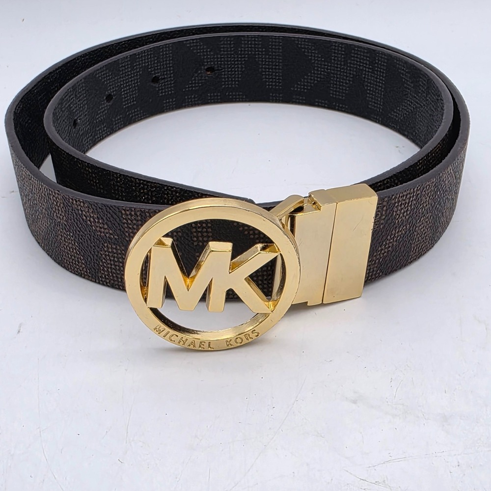 Michael Kors Reversible Twist Belt MK Logo Brown Black Gold L